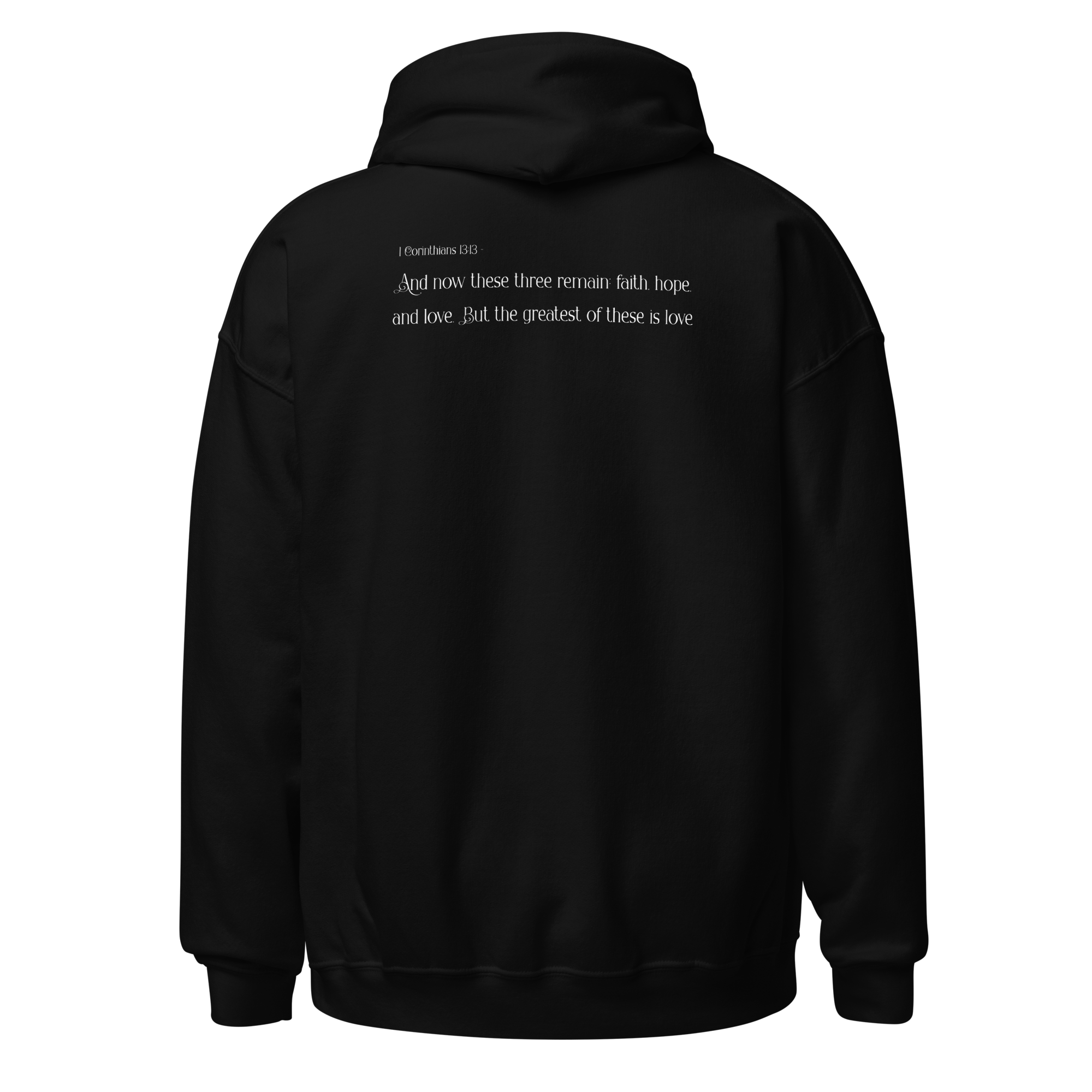 CLVRY Verse Hoodie — Black (back, with verse example)