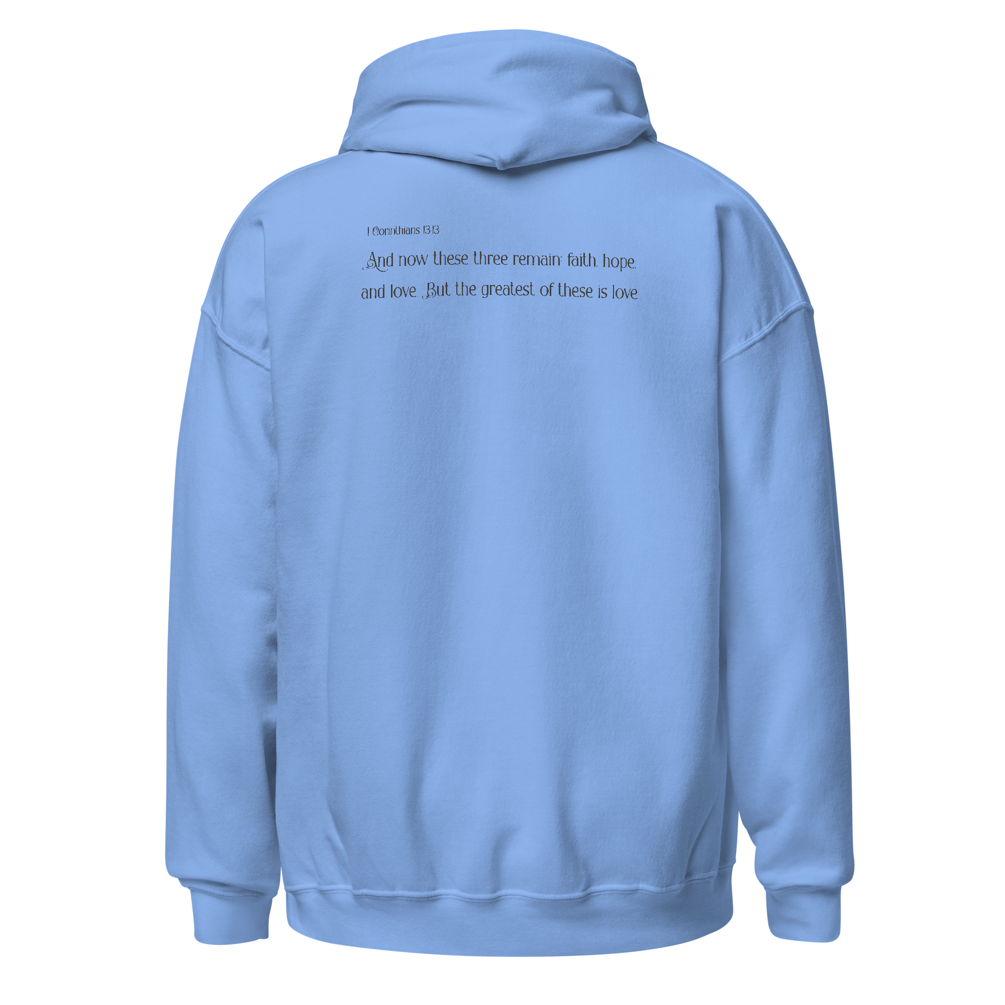 CLVRY Verse Hoodie — Carolina Blue (back, with verse example)