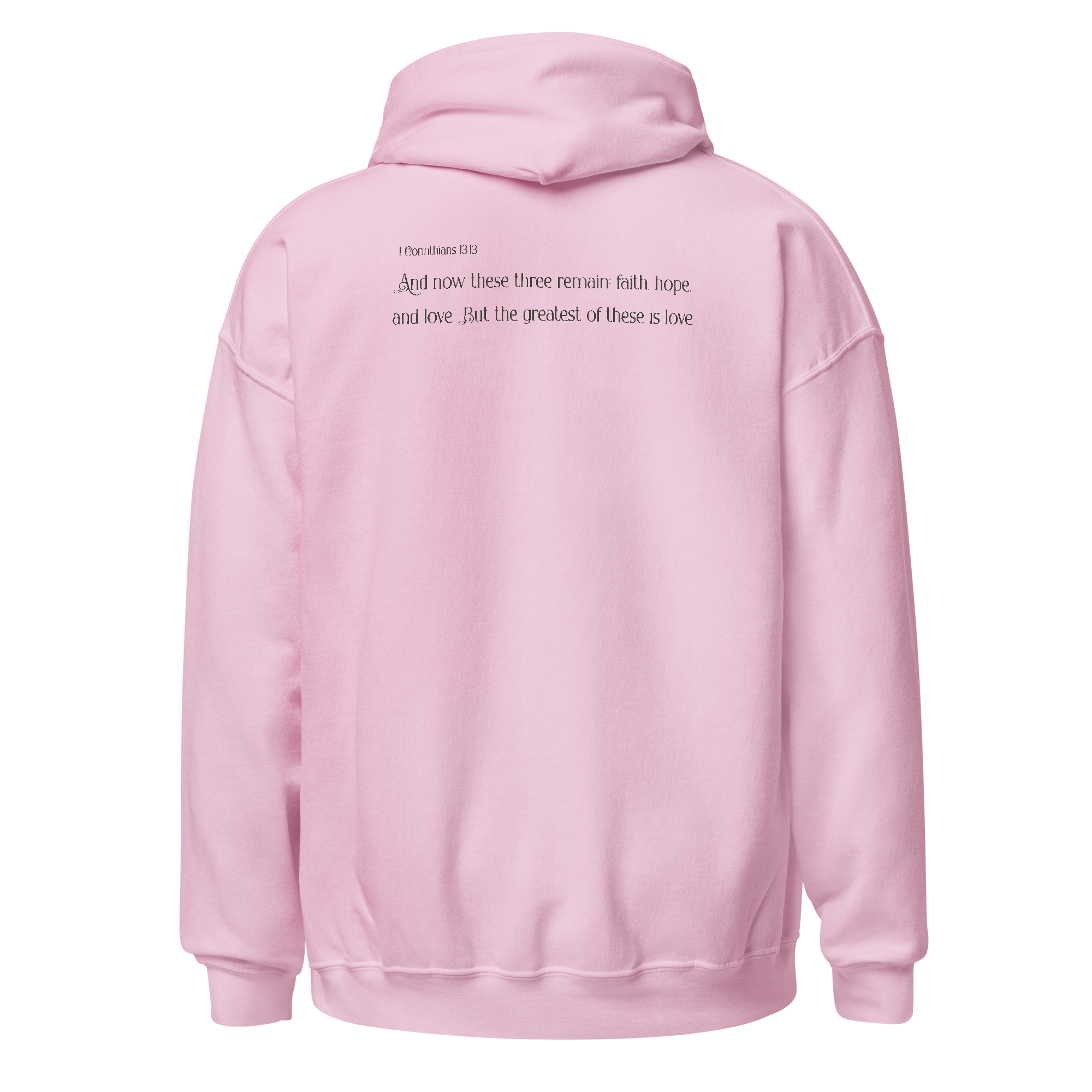 CLVRY Verse Hoodie — Light Pink (back, with verse example)