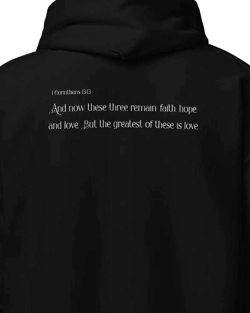 CLVRY Verse Hoodie — Black (close-up of the printed verse)