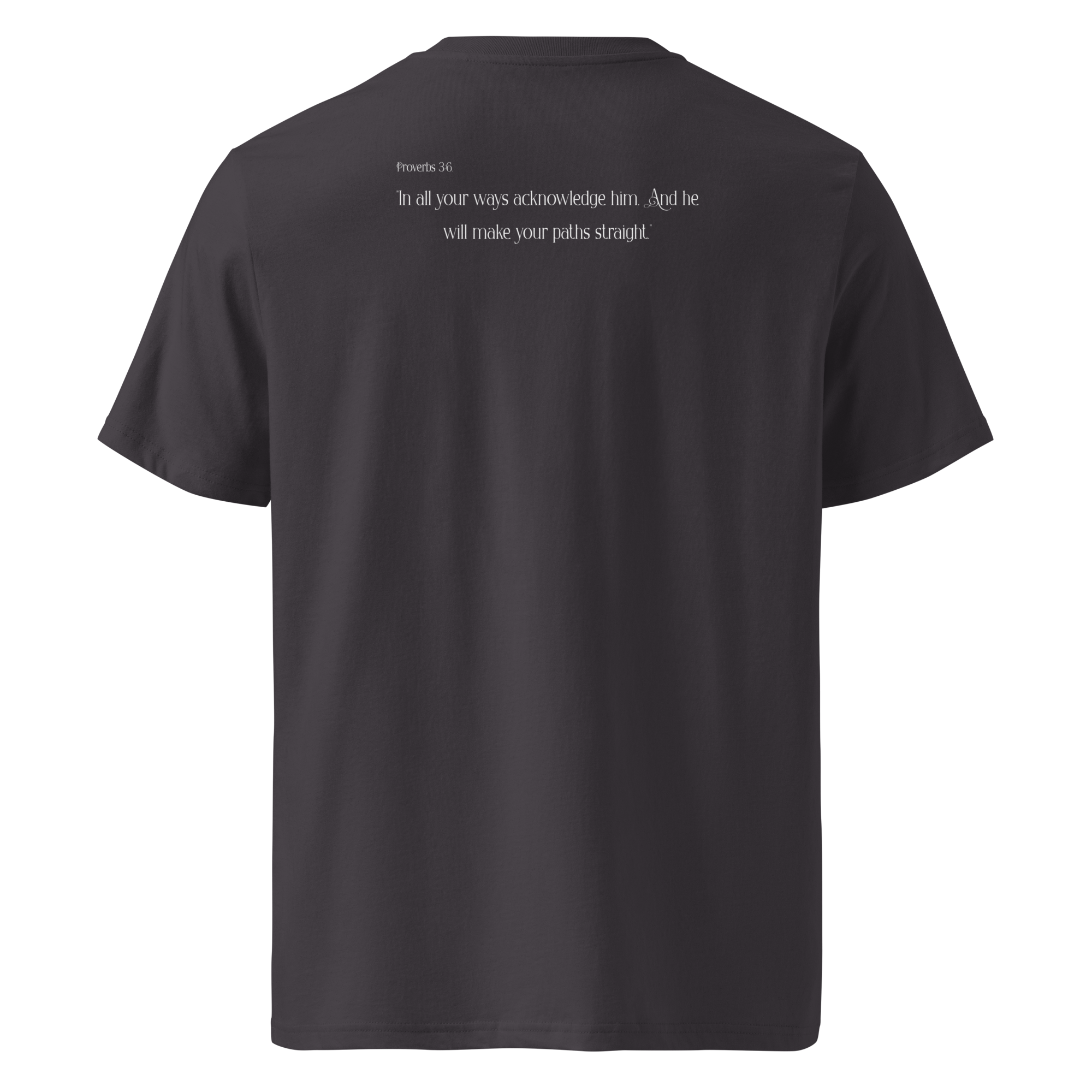 CLVRY Verse Tee — Anthracite (back, with verse example)