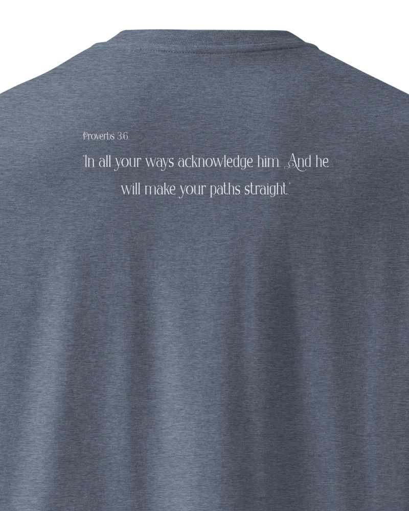 CLVRY Verse Tee — Dark Heather Blue (close-up of the printed verse)