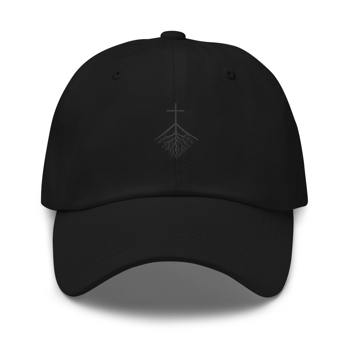 CLVRY Cap, Blackout Edition: black cap with a tone-on-tone printed cross-and-roots logo (front)