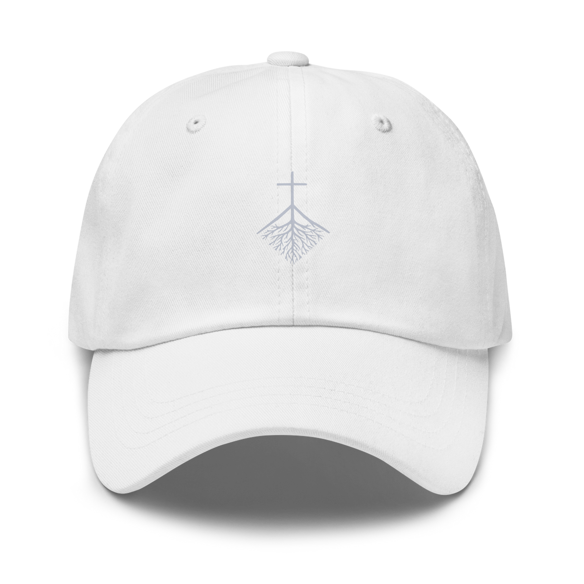 CLVRY Cap, Whiteout Edition: white cap with a tone-on-tone printed cross-and-roots logo (front)
