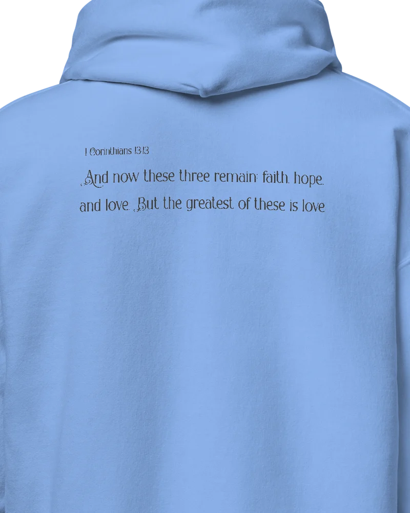 CLVRY Verse Hoodie — Carolina Blue (close-up of the printed verse)