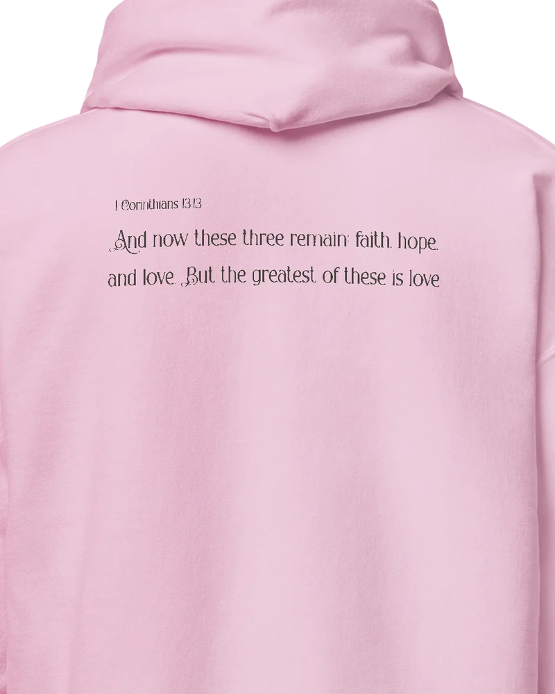 CLVRY Verse Hoodie — Light Pink (close-up of the printed verse)