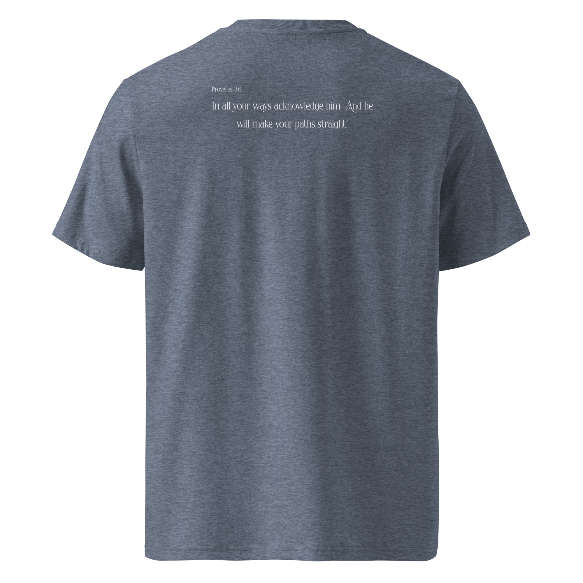 CLVRY Verse Tee — Dark Heather Blue (back, with verse example)